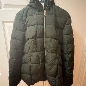 This is a winter coat from GUESS, it is a large dark green coat.